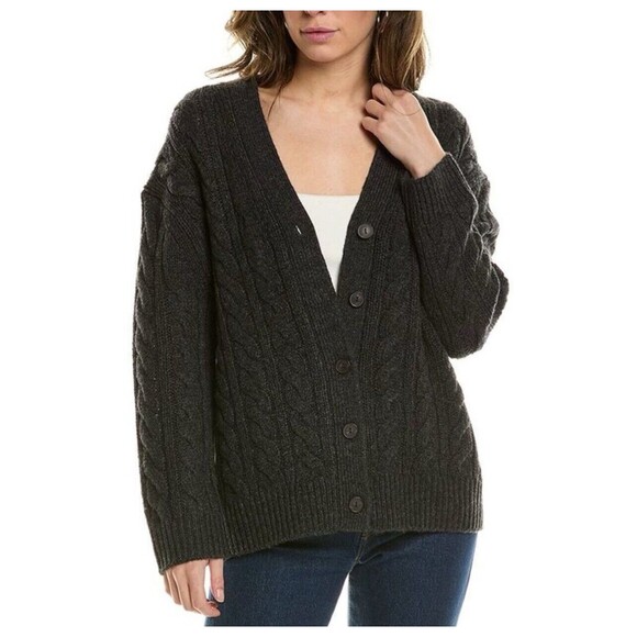 VINCE Cashmere Wool Interlocking Cable Cardigan Sweater In Black Leaf Sz L New - Picture 2 of 10